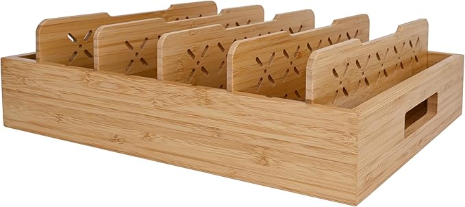 Natural Bamboo Storage Tray with 5 Custom Dividers, Deep Drawer Organizer for Kitchen, Small Cabinets, Home Office & Living Room