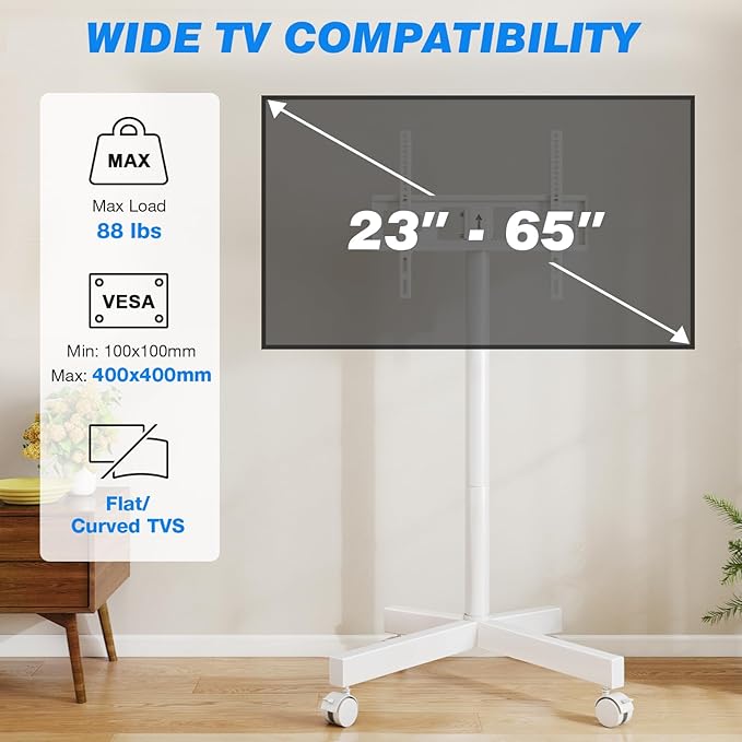 Rfiver Mobile TV Cart Rolling TV Stand for 23-65 Inch Screens, Portable TV Stand on Wheels with Tilt and Height Adjustable, Outdoor TV Mount Stand Holds up to 88 lbs for Home MAX VESA 400x400mm, White