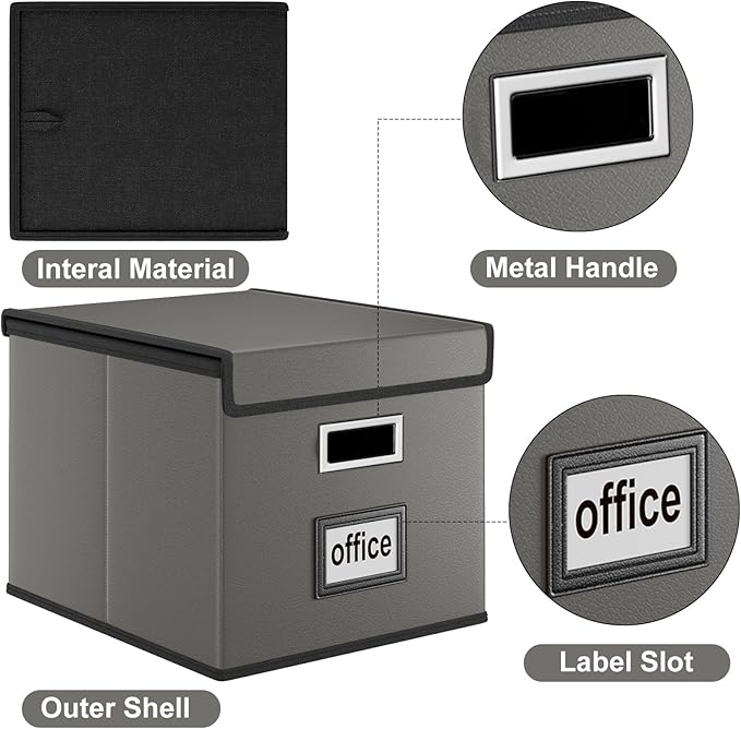 Faux Leather File Organizer Box with Lid, Collapsible Hanging File Folder Box Organizer with Plastic Slides, Decorative Home/Office Filing System Boxes for File and Folders Storage