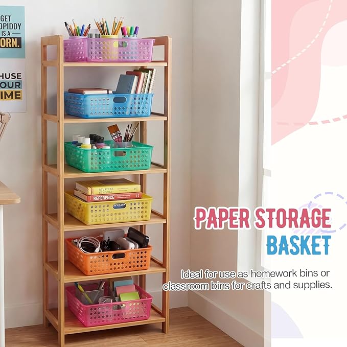 Geetery 6 Pack Classroom Storage Baskets with Handle 14''x10'' Paper Tray Holds A4 Turn in Trays Plastic Paper Baskets Desk Organizer Bin for Classroom, Library, Office, Home (Translucent Colors)