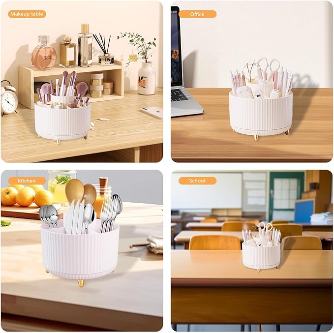 Desk Organizer Pen Holder, 5 Slots 360-Degree Spinning Pencil Organizers, Pencil Cups Desktop Storage Stationery Supplies for Office School Home,White