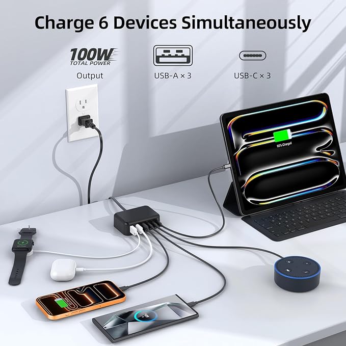 6 in 1 USB Charger, Charging Station for Multiple Devices, 100W Fast Charging Blocks with Type C Ports, USB Charging Hub Organizer Multiport Power Strip for iPhone, Ipad, Kindle, Travel Accessories
