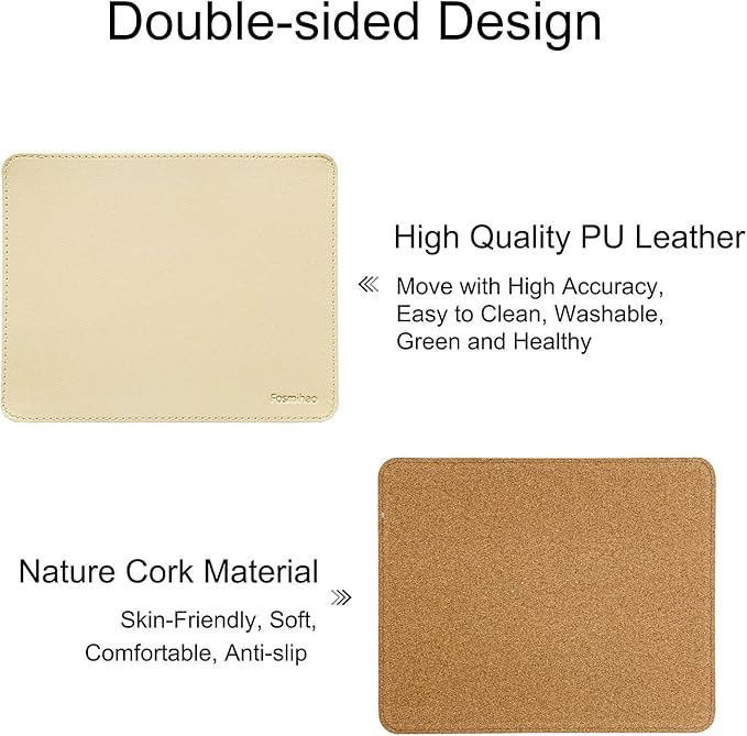 Leather Mouse Pad - Wood Mouse Pad, Double Side Mouse Pad with Stitched Edge, Waterproof Ultra Thin Mouse Pad for Computers, Laptop, Office & Home, 10.2 x 8.3 Inch, 1 Pack (Beige)
