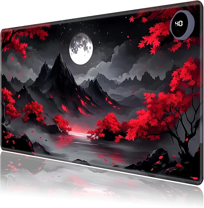 Heated Mouse Pad,Warm Desk Pad with 3 Levels Heating & 3 Hours Auto Shut-Off, PU Leather Heated Desk Pad Warmer Pad for Home Office - 23.6 x 14.2 inch,Red Tree Moon