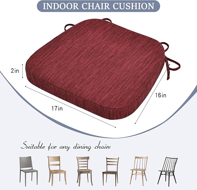 baibu Kitchen Chair Cushions Set of 4, Dual-Layer Patented Design Memory Foam Dining Chair Pads with Ties and Washable Cover, 4 Pack, 17" x 16" x 2", Wine Red