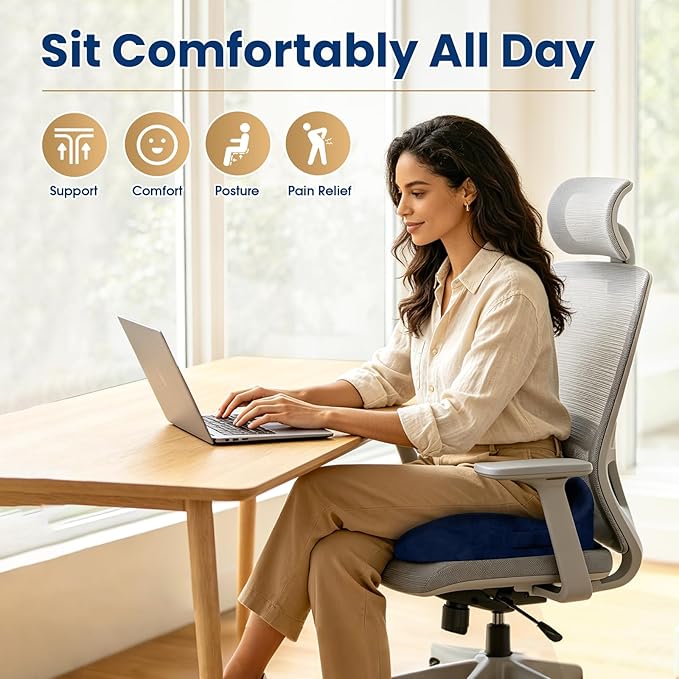 Seat Cushion,Thick Memory Foam Cushions for Office Chair, Car Seat, Airplane, Relieving Pressure Tailbone Sciatica Back Pain for Long Sitting Office Workers, Car Drivers Blue