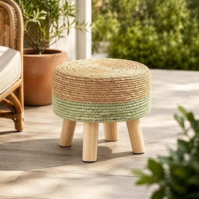 Wimarsbon Round Foot Stool Natural Seagrass Poufs Ottoman Hand Weave Footrest Stool for Couch Desk Extra Seat Step Stool with Solid Wood Legs for Hallway Patio Lounge Green