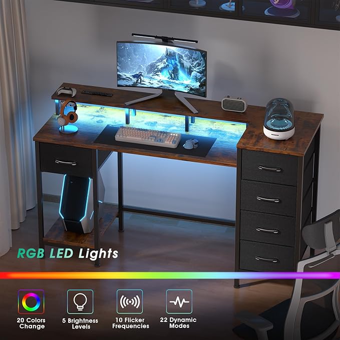 Korfile 55 Inch Gaming Desk with Power Outlets and LED Lights, Reversible Computer Desk with 5 Fabric Storage Drawers, Home Office Desk with Monitor Stand for Working Writing Study, Rustic Brown