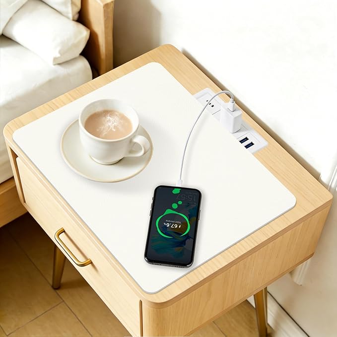 Cuttable PU Leather Nightstand Mat - 13.8x10.8in, Waterproof, Heat Resistant & Non-Slip Night Stand Accessories, Bedside Table Mat, Dresser Protector Top, End Table Cover, Small Desk Mat, Cream White