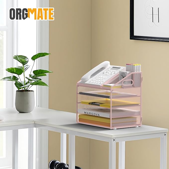 Letter Tray Paper, 5 Tier Desk Organizer with Pen Holder and Handle, Mesh File Organizer Paper Sorter Metal Desktop Document Shelf for Office Home Classroom - Pink