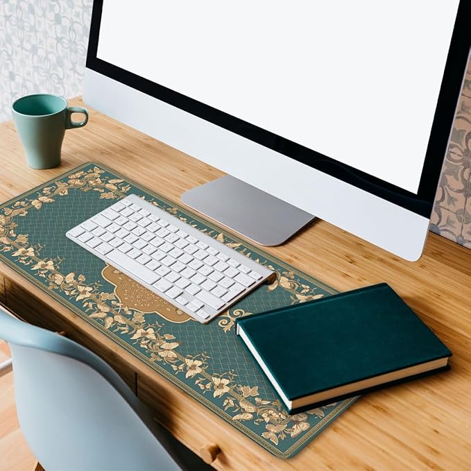 Vintage Butterfly Desk Pad Mouse Pad Gold Floral Extended Gaming Mouse Pad Mat with Stitched Edge Non-Slip Base 31.5 x 11.8 Inch Office Computer Keyboard Laptop Home