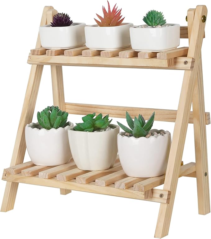 Jotsport 2-Step Desktop Storage Organizer Foldable 2 Tier Ladder Plant Stand Wood Display Shelf Decorative Storage Rack for Table Top