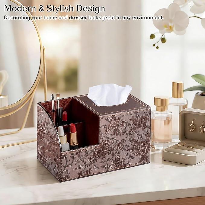 Square Tissue Box Cover with Storage, PU Leather Cube Tissue Box Holder, Remote Control Nightstand Organizer, Modern Desk Caddy for End Table, Bathroom, Bedroom, Home, Office Decor