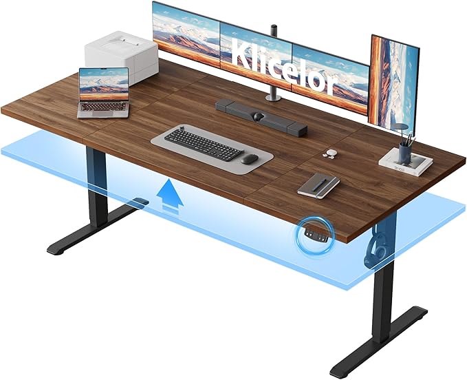 Klicelor 71 Inch Large Electric Standing Desk, Height Adjustable Office Desk, Sit Stand Up Computer Gaming Desk with Memory Preset, Three-Piece Desktop, Dark Walnut