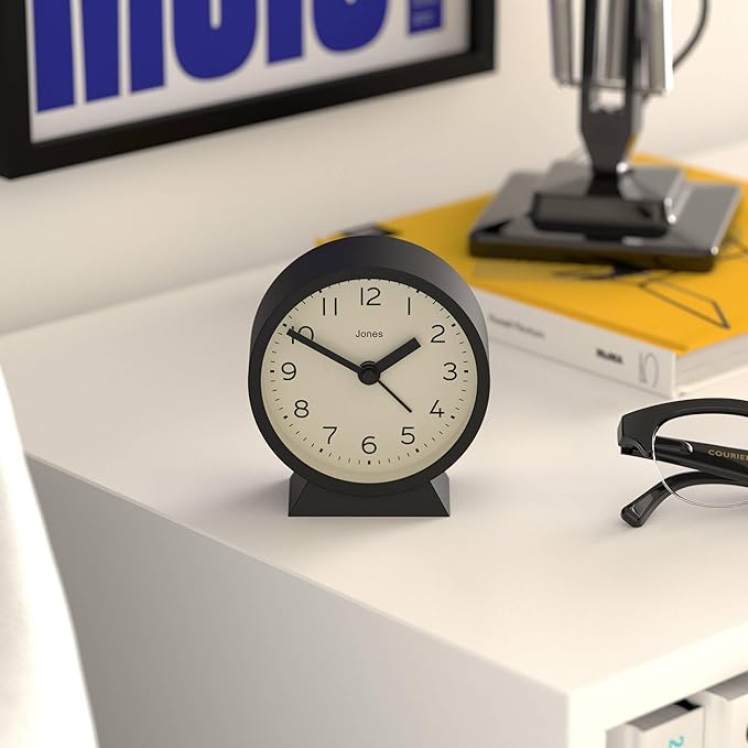 JONES CLOCKS® Midnight mini Alarm Clock | Contemporary Design | Black | Stylish, Compact and Functional for Bedside, Desk or Shelf
