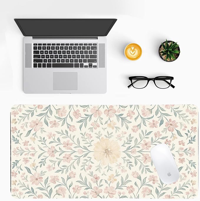 Soft Aesthetic Pastel Floral Desk Mat, Gentle PU Leather Desk Pad - Large Non-Slip Office Mat for a Calm & Stylish Gaming & Home Workspace（27.56 * 13.78in）