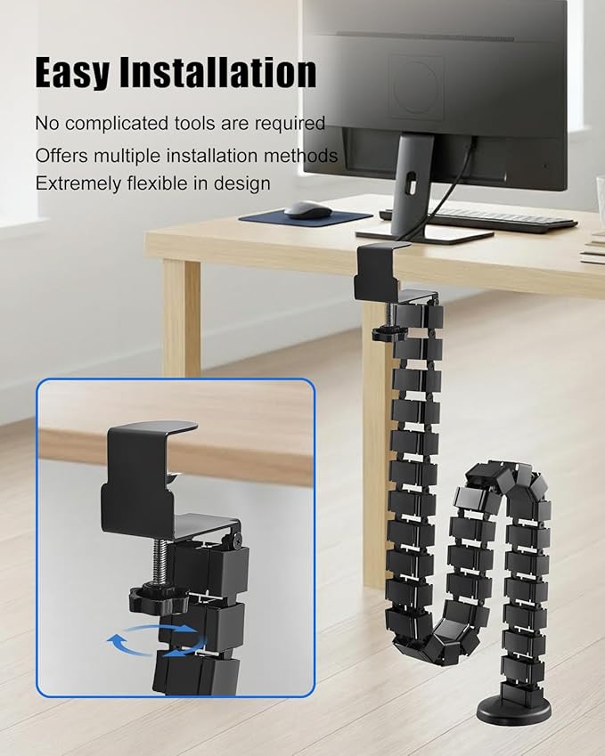Desk Vertebrae Cable Management Kit, Adjustable Quad Entry Flexible Cord Organizer for Sit Stand Desk, No Drill Clamp-On Under Desk Modular Cable Control with Steel Base