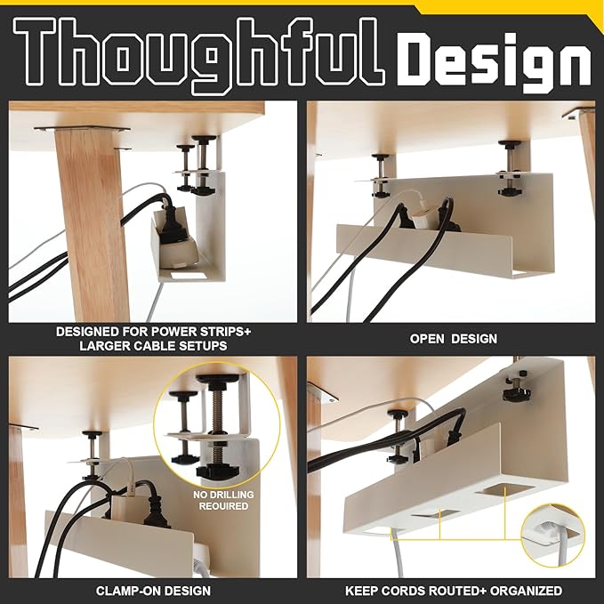 16×5×3 Inch No Drill Clamp-on Power Strip Cable Management Tray Under Standing Desk Steel Cable Organizer Wire Cord Tamer for Office, Home, Garage(White)
