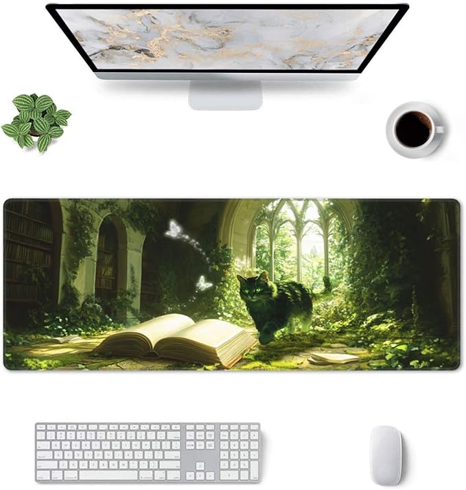 Cat Book Mouse Pad 31.5 X 11.8 Inch Big Desk Rubber Base Stitched Edges Keyboard Pad XXL Mouse Mat for Home Game and Office