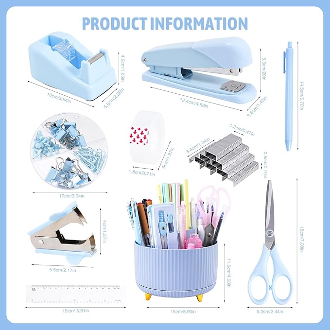 Blue Desk Accessories 12Pcs Set, Cute Office Supplies Decor for Women, 360° Rotating Pen Holder Organizer with Stapler, Tape Dispenser, Staple Remover, Staples, Tape, Clips Set, Ruler, Scissor, Pen