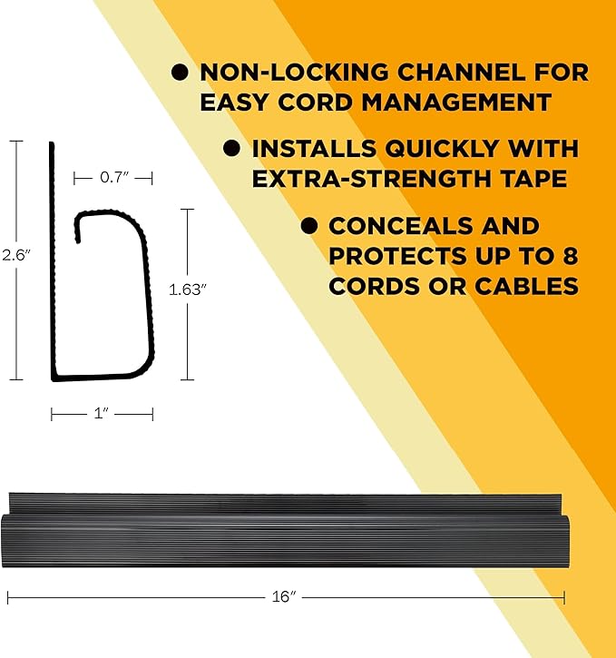 Simple Cord 5 Pack of 16-Inch J Channel Cable Management Under Desk - Easy to Install Adhesive Mount Cord Organizer for Desk, Home Office, No-Drill Wall Cable Organizer (Black)