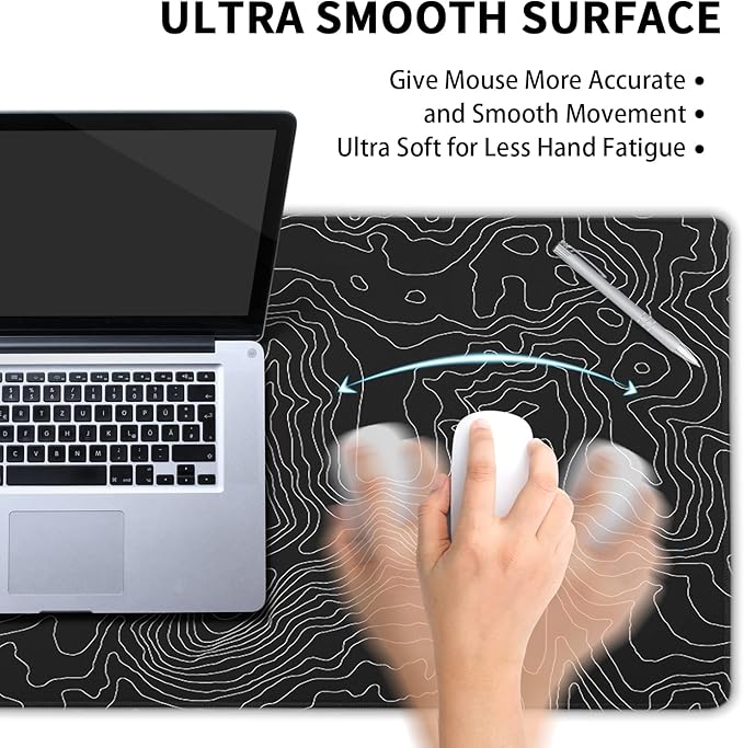 Topographic Contour Large Gaming Mouse Pad 35.4 x 15.7 Inch, Extended Mouse Pad with Non-Slip Rubber Base Geographic Mouse Mat for Computer Keyboard Pad Desk Pad Black for Home Office Gaming