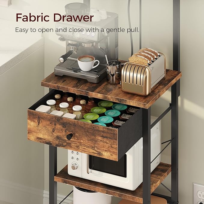 MAHANCRIS Bakers Rack with Drawer, Microwave Stand with Power Outlet, Coffee Bar Station with 4 Hooks, Kitchen Storage Shelf Rack 4 Tiers, for Kitchen, Dining Room, Rustic Brown and Black BRHR48E01