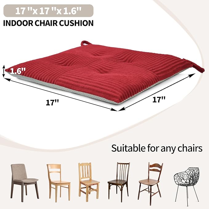 Office Stacking Chair Cushions 4 Pack, Corduroy High Density Foam Kitchen Seat Cushions with Ties, Square 17" x 17" Indoor Non-Slip Dining Chair Pads, Red，4pcs