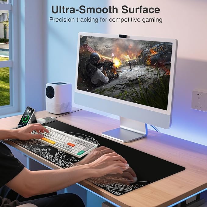 Wireless Charging Mouse Pad with Foldable Phone Holder, 31.5"x15.8" Large Desk Mat for Laptop/Keyboard, Waterproof Ultra-Smooth Surface, Non-Slip Base, Black Wave