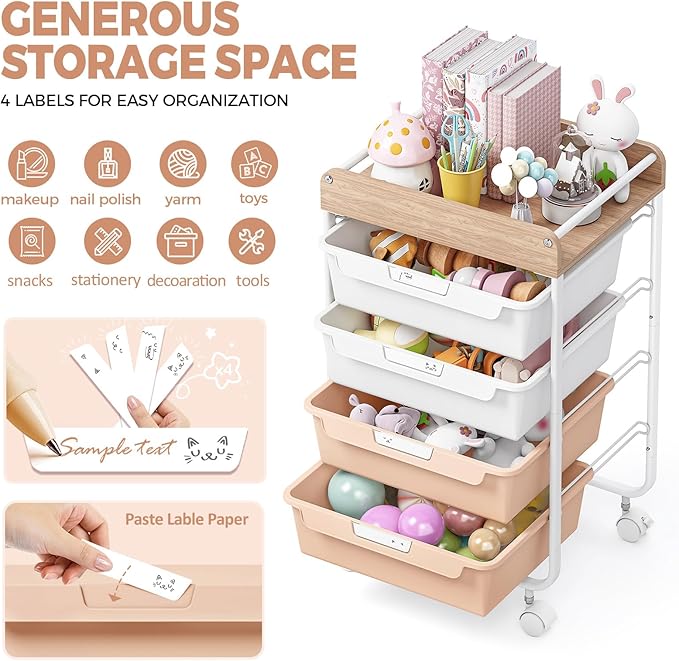 SYKIARIOL Rolling Storage Utility Cart with 4 Drawers,Kids Craft Art Cart,Makeup Organizer and Storage with Wooden Tabletop,Pearl