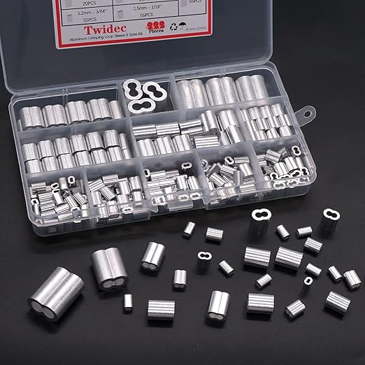 Twidec/222PCS 8 Sizes Aluminum Crimping Loop Sleeve M1.2-M6(3/64''-1/4'') Wire Rope Sleeve Cable Crimp Ferrules for Wire Rope and Cable Assortment Kit N-019-222PCS