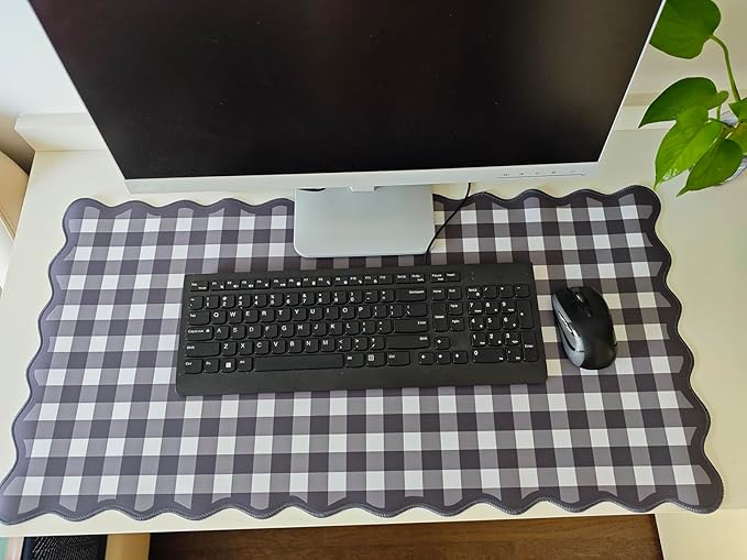 Scalloped‌ Black Desk Mat Checkered Gingham Cute XXL Large Gaming Mouse Pad Kawaii Vintage‌ Cottagecore Keyboard Computer Mat for Desktop Aesthetic Desk Pad Accessories Decor for Women