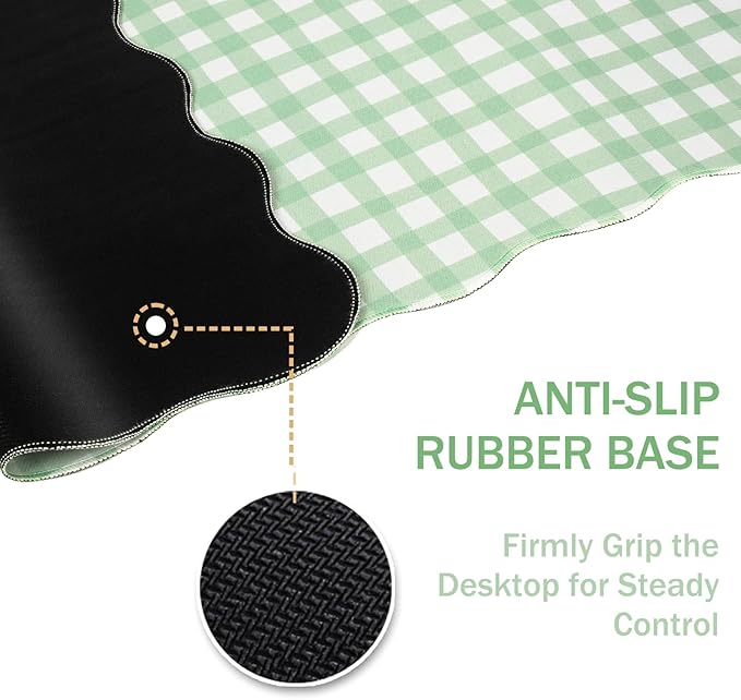L-SPOUTTO Green Checkered Mouse Pad,Cottagecore Scalloped Desk Mat XXL Large Cute Pastel Gaming Mousepad,35.4x15.7in Non-Slip Keyboard Pad Waterproof Desktop Mat for Laptop Computer Game Home Office