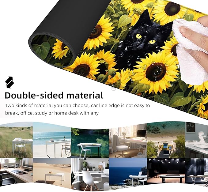 Ergonomic Mouse Pad Set with Wrist Support for Keyboard and Wrist Rest for Mouse, Memory Foam Comfort, Non-Slip Large Desk Mat for Home Office Pain Relief,Black Cat with Sunflowers
