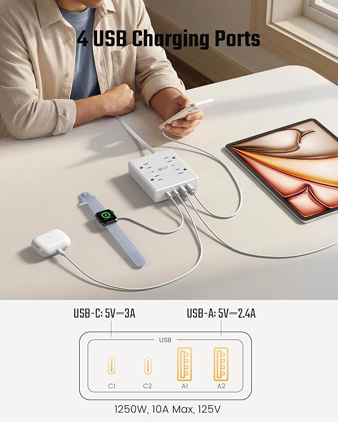 SUPERDANNY Flat Plug Power Strip Surge Protector 10 Ft Long Flat Extension Cord with 4 Outlets & 4 USB (2 USB-C) Charging Station for Home Office, College Dorm Room Essentials, Travel, White