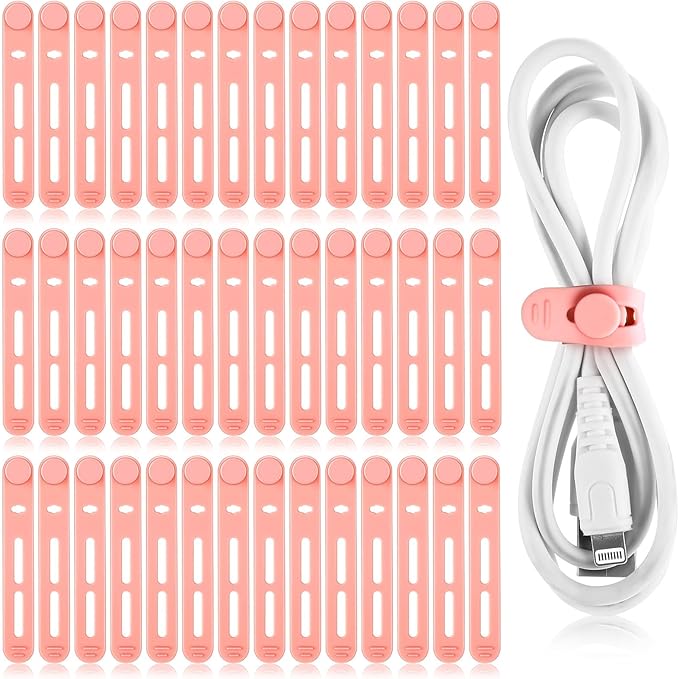 Tellegloww 42 Pcs Silicone Cable Ties Reusable Cord Organizer Adjustable Data Cable Wraps for Earphone Phone Charger Computer Cord Management Straps Travel Essentials(Pink,3.15 Inch)