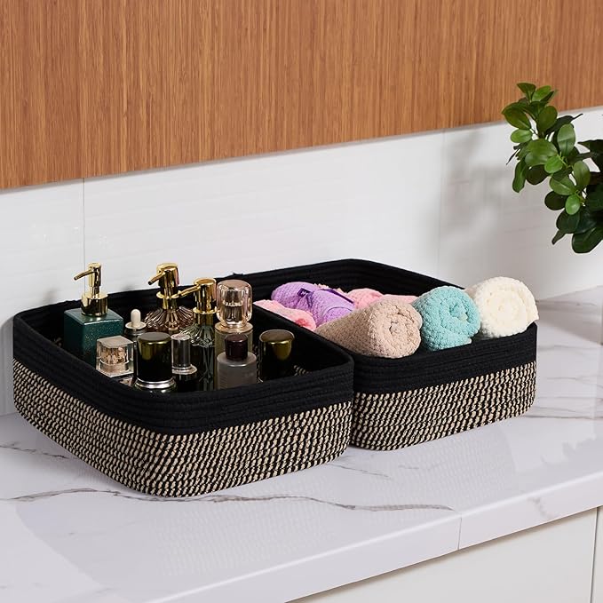 MiniArk Large Shallow Organizing Baskets 15x11x5.1 Inches - Rope Woven Storage Bins for Bathroom, Shelves, Cube Closet, Black Woven Brown 4 Packs