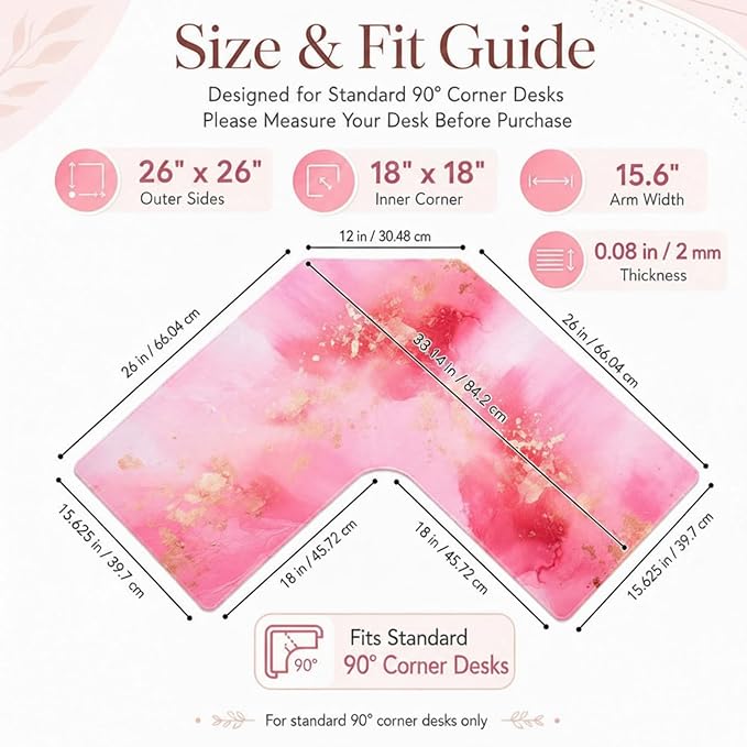 Relaxweex L Shaped Desk Mat for 90° Corner Desks, 26" x 26" Pink Waterproof Mouse Pad with 18" Inner Corner, Non-Slip Rubber Desk Protector for Office & Gaming