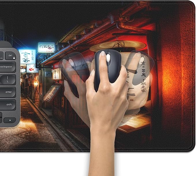 Japanese Street Lantern Large Mouse Pad Desk Pad, 27.5x11.8in Tokyo Night Scene Extended Keyboard Mousepad with Stitched Edges, Non-Slip Waterproof Rubber Base for Office, Computer, Laptop & Home