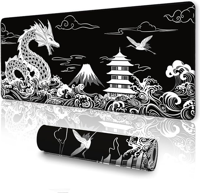 Japanese Dragon Large Gaming Mouse Pad, Black Mouse Pad Gaming 31.5 x 11.8 in, Large Desk Mat, Keyboard Mousepad with Non-Slip Base Stitched Edge for Desk Home Office