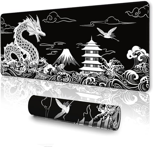 Japanese Dragon Large Gaming Mouse Pad, Black Mouse Pad Gaming 31.5 x 11.8 in, Large Desk Mat, Keyboard Mousepad with Non-Slip Base Stitched Edge for Desk Home Office