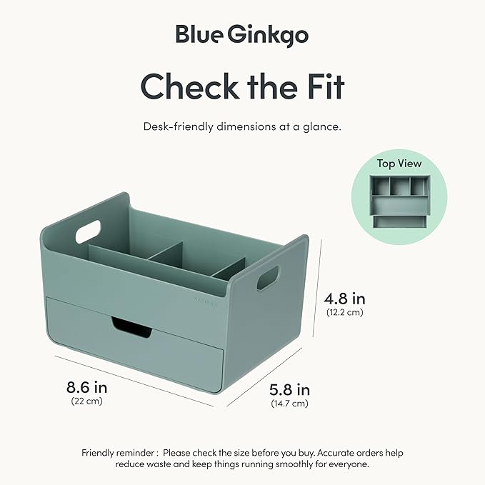 BLUE GINKGO Portable Desk Organizer – Compact 3 Compartment, Half-drawer Storage – Pen Holder, Stationery Desktop Organizer for Office, Makeup, Crafts (Made in Korea, Green)