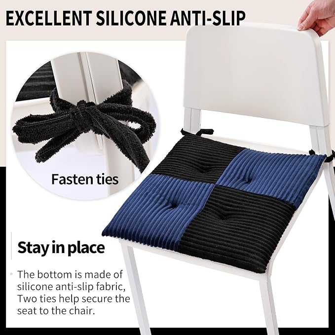 Office Stacking Chair Cushions 4 Pack, Corduroy High Density Foam Kitchen Seat Cushions with Ties, Square 17" x 17" Indoor Non-Slip Dining Chair Pads, Black+ Navy，4pcs