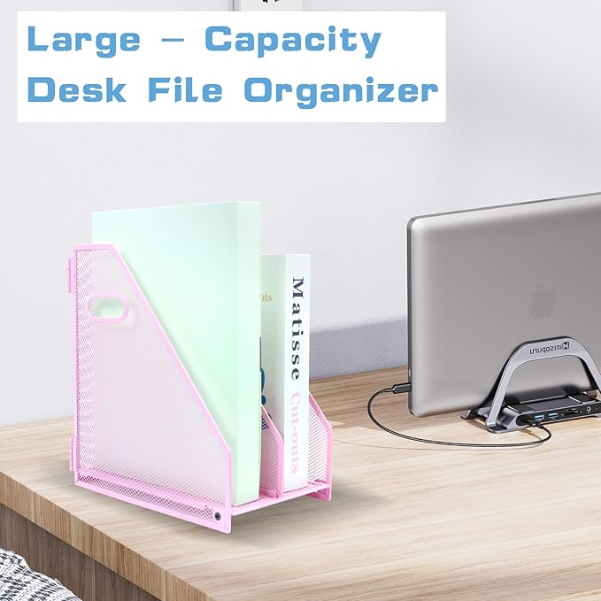 Desk Organizers Metal Magazine File Holder Racks Desktop Folder Storage Binder Organiser Document Organization for Home Office & Classroom,2 Vertical Compartments-Pink