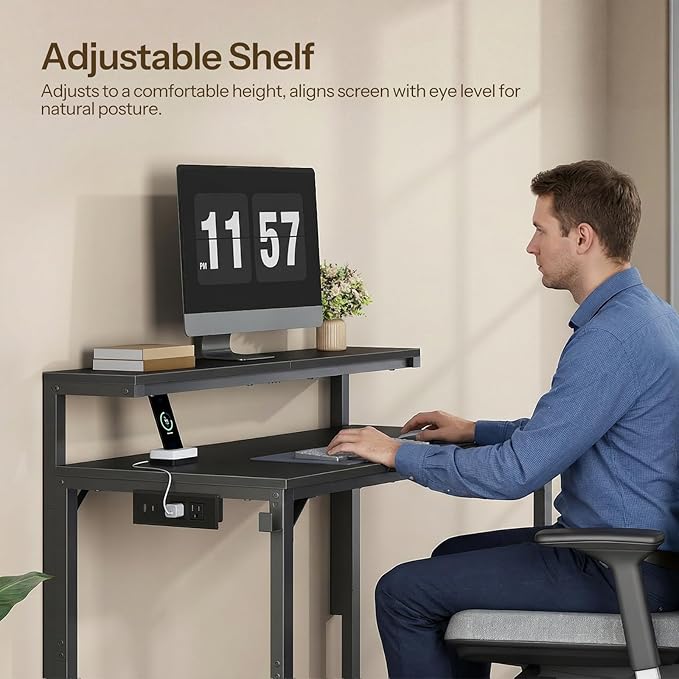 HOOBRO Small Computer Desk, 28.3" Desk for Small Spaces, Home Office Desk with Power Outlet & Adjustable Monitor Stand, Compact Desk with Storage, Writing Table for Bedroom, Office, Black BB38UDN01