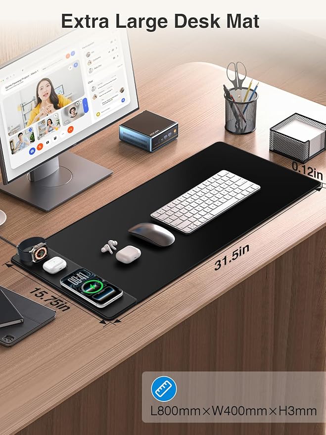 4-in-1 Mouse Pad with Wireless Charging for Phone/AirPods/Apple Watch, 31.5"x15.8" Large, Waterproof Smooth Surface, Non-Slip Base, with Adapter