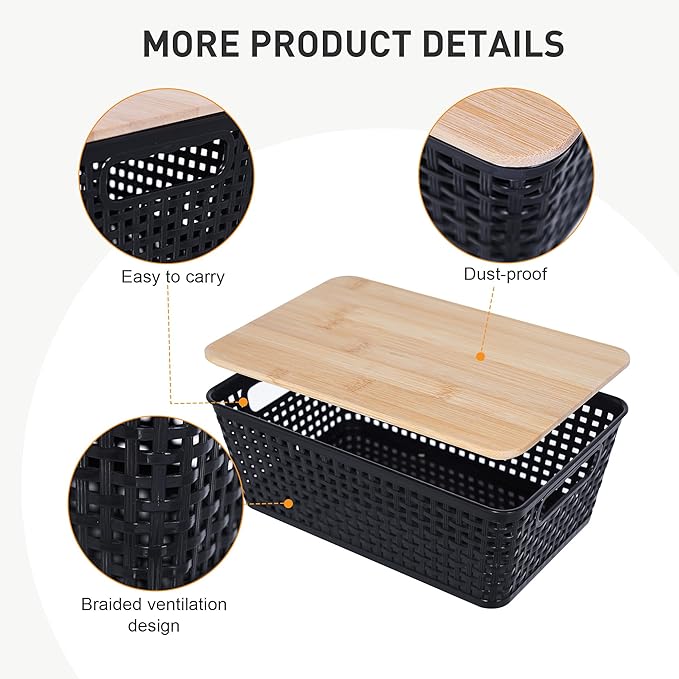 Storage Bins with Lids 6 Packs, Plastic Storage Bins with Bamboo Lids for Pantry Organization and Storage Containers for Shelves Drawers Desktop Closet Office Home, Black