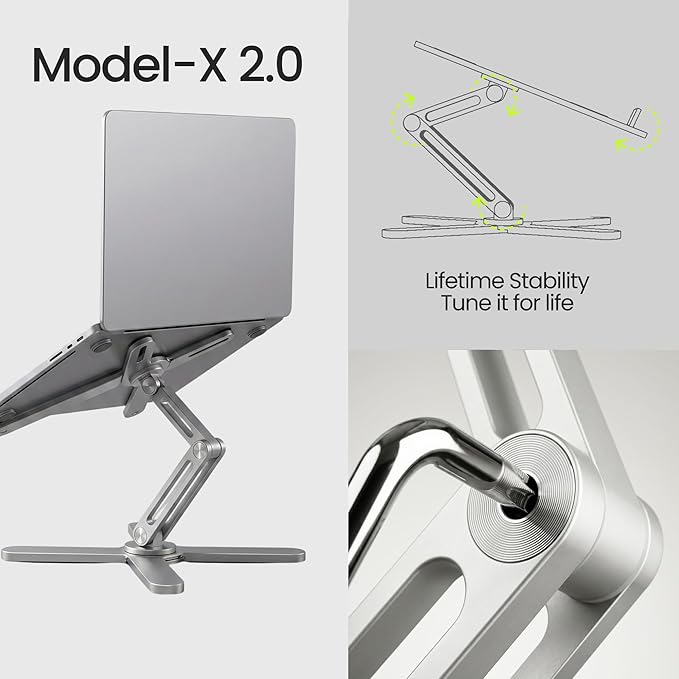 Model-X 2.0 Laptop Stand, Laptop Stand for Desk Adjustable Height, 360 Rotating Laptop Riser Aluminum Portable Foldable Computer Stand for MacBook Pro Air 10–17 inches (Polar White)
