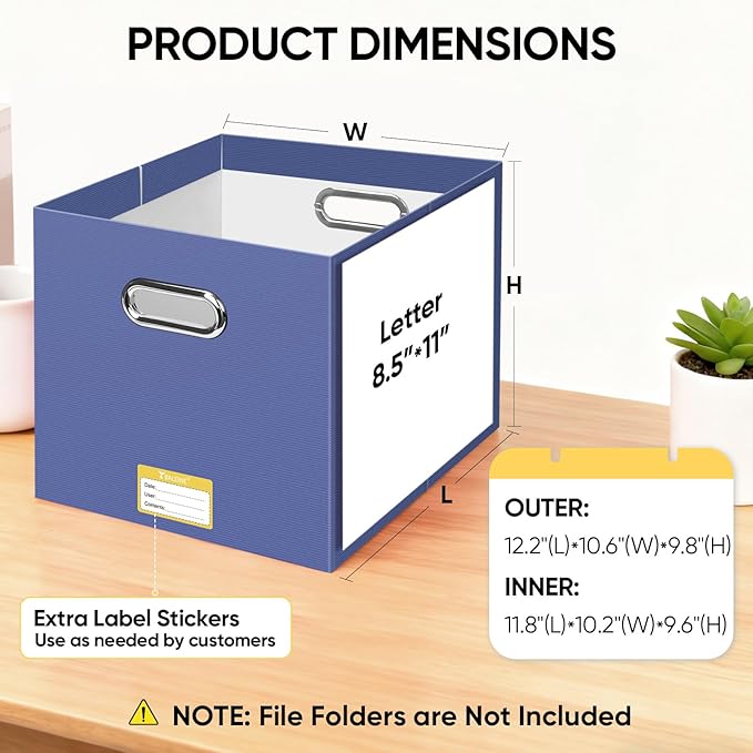 BALEINE File Organizer Box, Cardboard File Folder Organizer with Handle for Letter Size, Portable Collapsible Hanging Filing Box for Home Office Document Storage (8 Pack, Large Navy)