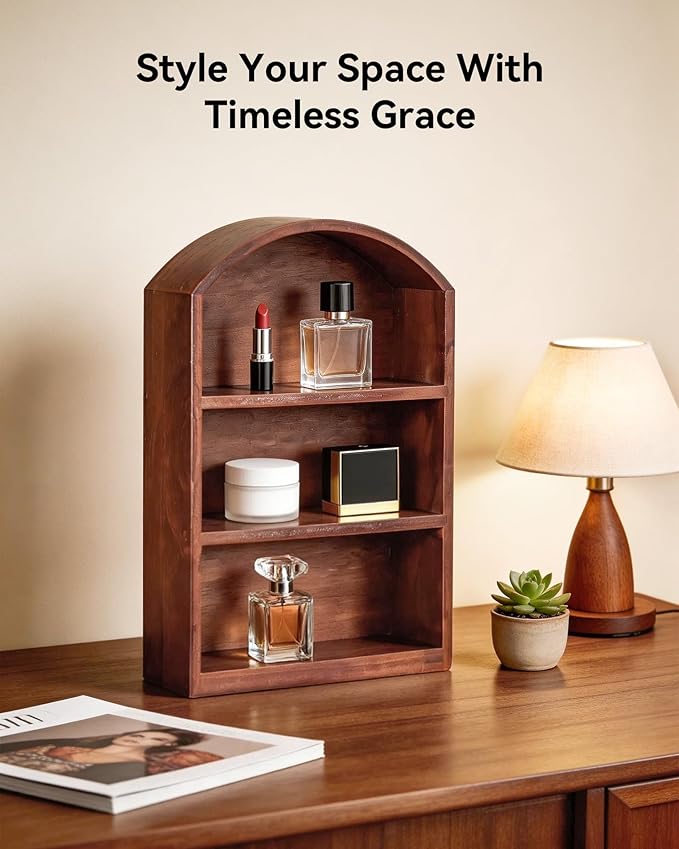 Arched Trinket Shelf, 9" x 13.5" Wooden Display Shelf for Wall or Desk, Vintage Shadow Box with Shelves for Collectibles, Mini Figures, Perfumes & Crystals - Rustic Brown